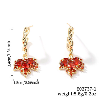 Cute Luxe Maple Leaf Sparkly Brass Stud Earrings for All Occasions, with Rhinestone, Red, 34x15mm