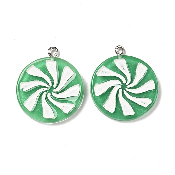 Resin Pendants, Peppermint Candy Charms, with Platinum Plated Iron Peg Bail, Flat Round, Green, 30x26x3mm, Hole: 2mm