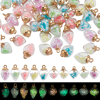 80Pcs 10 Styles Luminous Glass Pendant, with Golden Alloy Findings, Glow In The Dark Charms, Teardrop & Heart Charm, Mixed Color, 20~25x14~15x9~15mm, Hole: 2mm, 8pcs/style