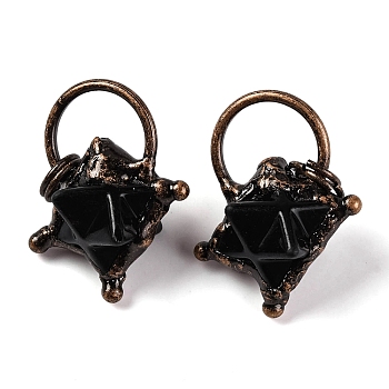 Natural Obsidian Merkaba Star Pendants, Brass Star Charms with Jump Rings, Red Copper, 35x31x20mm, Hole: 6mm