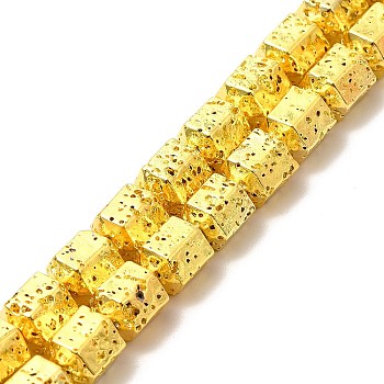 Electroplated Natural Lava Rock Beads Strands, Hexagon Column, Golden Plated, 8x6.5x7.5mm, Hole: 1mm, about 50~51pcs/strand, 15.55~15.94 inch(39.5~40.5cm)