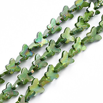 Natural Freshwater Shell Beads Strands, AB Color Plated, Dyed, Butterfly, Green, 10~11x12.5~13.5x3mm, Hole: 0.7mm, about 38~39pcs/strand, 12.80 inch~12.99 inch(32.5~33cm)