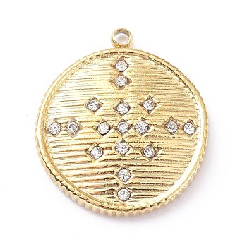 Ion Plating(IP) 304 Stainless Steel Pendants, with Rhinestone, Flat Round, Golden, 20.5x18x3mm, Hole: 1.4mm