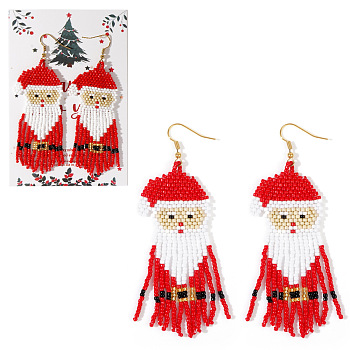 Bohemian Style Santa Claus Tassel Glass Seed Beads Dangle Earrings, with Card, Platinum, 120x80mm