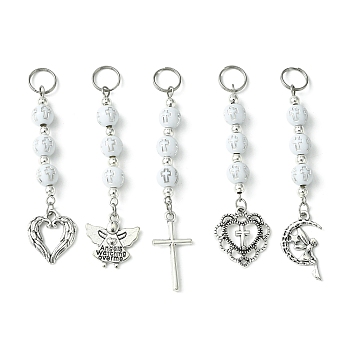 Round with Cross Plating Acrylic Beaded Pendant Decorations, with Heart/Angle/Cross/Moon Alloy Charms, Antique Silver, 72~82mm