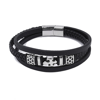 Braided Microfiber Leather Multi-strand Bracelets, 304 Stainless Steel Viking Cross Bracelets for Men, Antique Silver, 8-5/8x7/8 inch(22x2.3cm)