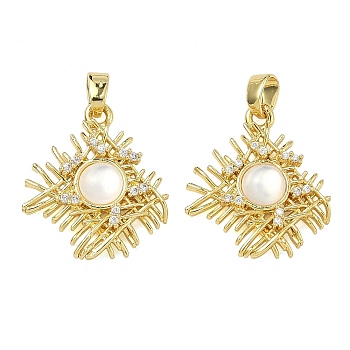 Brass Micro Pave Clear Cubic Zirconia Pendants, with Cat Eye, Rhombus Mesh Charms, Rack Plating, Long-Lasting Plated, Real 18K Gold Plated, 19x17x3.5mm, Hole: 3.5x2.5mm