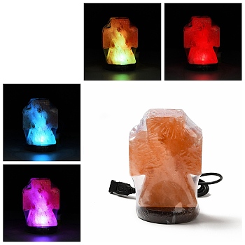 USB Natural Himalayan Rock Salt Lamp, with Multi-Color Changing Bulb(200W), Wood Base, Cross, 81.5x73x158mm