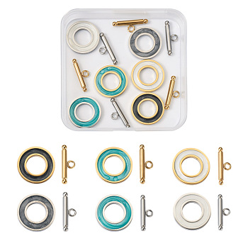 KISSITTY 304 Stainless Steel Toggle Clasps, with Enamel, Ring, Mixed Color, Ring: 19.5x2mm, Inner Diameter: 10mm, Bar: 21x7x3mm, Hole: 2mm, 6sets/box