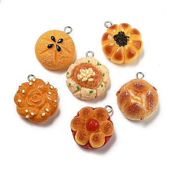 Imitation Food Opaque Resin Pendants, Bread Charms with Platinum Tone Iron Loops, Mixed Color, 26x22x11mm, Hole: 2mm