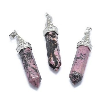 Natural Rhodonite Pointed Pendants, with Alloy Findings, Bullet, Platinum, 61x14.5x12.5mm, Hole: 3.5x
7.5mm