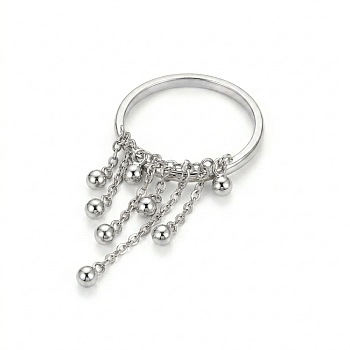 304 Stainless Steel Round Bead Tassel Finger Rings, Stainless Steel Color, US Size 7(17.3mm)