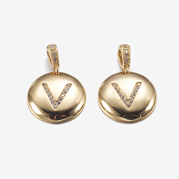 Brass Pendants, with Cubic Zirconia, Cadmium Free & Lead Free, Flat Round with Letter, Golden, Letter.V, 22mm, Hole: 2x3mm, Pendant: 15x3mm