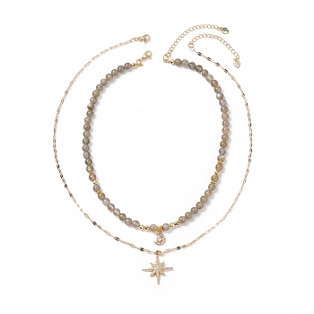 Star & Moon Pendant Necklaces Sets for Women, Natural Labradorite Beads Necklaces, Brass Micro Pave Cubic Zirconia Pendant Necklaces, 15.16~18.7 inch(38.5~47.5cm), 2pcs/set