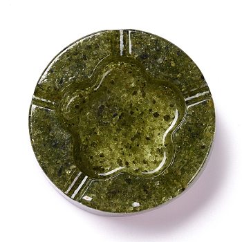 Resin with Natural Peridot Chip Stones Ashtray, Home OFFice Tabletop Decoration, Flat Round with Flower, 104x32mm, Inner Diameter: 61x68mm