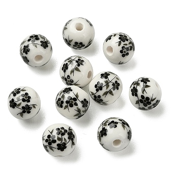 Handmade Printed Porcelain Round Beads, with Flower Pattern, Black, 10mm, Hole: 2mm