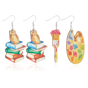2 Pair 2 Style Book & Brush & Palette Single Face Printed Wood Dangle Earrings, Iron Asymmetrical Earrings for Women, Mixed Color, 71.5~74.5mm, Pin: 0.5mm, 1 Pair/style