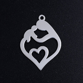 201 Stainless Steel Pendants, Heart with Mother and Child, For Mother's Day, Stainless Steel Color, 24x17x1mm, Hole: 1.5mm