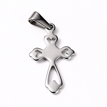 304 Stainless Steel Pendants, Cross, Stainless Steel Color, 28x16x1.5mm, Hole: 8x3mm