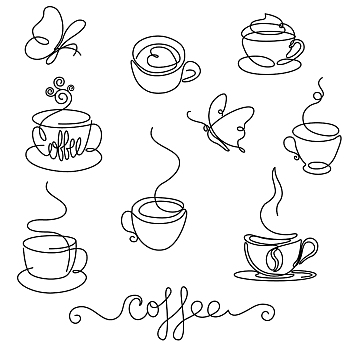 PVC Wall Stickers, for Wall Decoration, Coffee Cup & Butterfly Pattern & Word coffee, Black, 290x900mm
