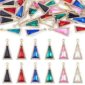 36Pcs 6 Colors Zinc Alloy Glass Pendants, Triangle Charm, with Rhinestone, Faceted, Light Gold, Mixed Color, 28x13x5mm, Hole: 1.9mm, 6pcs/color
