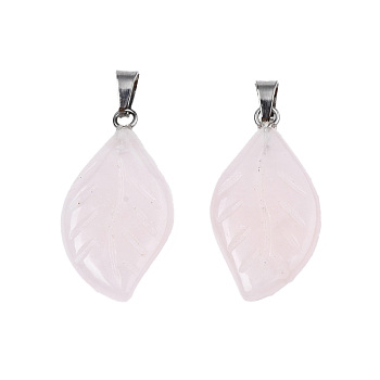 Natural Rose Quartz Pendants, Leaf Charm, with Stainless Steel Color Tone Stainless Steel Findings, 29x15x4.5mm, Hole: 2.5x5mm