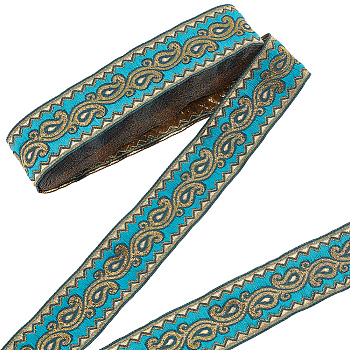 Ethnic Embroidery Polyester Flat Ribbons, Jacquard Ribbon, Deep Sky Blue, 1-1/4 inch(33mm), about 9.84 Yards(9m)/Bundle