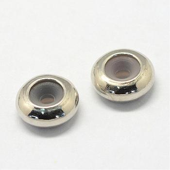 Alloy Beads, with Rubber Inside, Slider Beads, Stopper Beads, Rondelle, Platinum, 9.5x4mm, Rubber Hole: 2mm