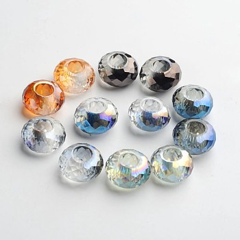 98 Faceted Electroplated Glass European Beads, Large Hole Beads, No Metal Core, Rondelle, Mixed Color, 14x8mm, Hole: 5mm