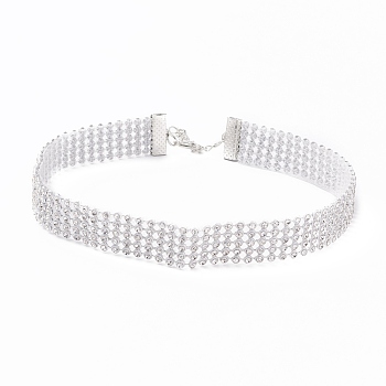5 Row Crystal Rhinestone Choker Necklace, Wide Rhinestone Necklace for Women, Platinum, 12.6 inch(32cm)