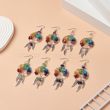 Natural & Synthetic Mixed Gemstone Chips Tree of Life with Alloy Feather Chandelier Earrings(EJEW-JE05213)-2