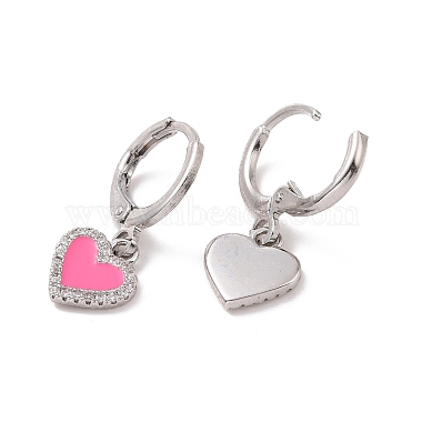 Boucles d'oreilles pendantes en forme de cœur avec zircone cubique transparente et émail rose(EJEW-C030-11P)-2
