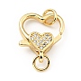 Brass Micro Pave Clear Cubic Zirconia Heart Lobster Claw Clasps, with Double Jump Rings, Cadmium Free & Lead Free, Real 18K Gold Plated, 21mm, Hole: 3.5mm