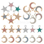 48Pcs 12 Styles Alloy Rhinestone Pendants, Moon & Star, Mixed Color, 15.5~16x12~12.5x2mm, Hole: 1.9~2mm, 4pcs/style(FIND-DR0001-74)