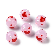 Handmade Lampwork Beads, Hand Drawn Beads, with Enamel, Round with Heart Pattern, Pearl Pink, 10~10.5x9.5mm, Hole: 1.5mm(GLAA-G107-01A)