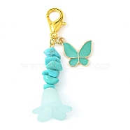 Alloy Enamel Butterfly & Acrylic Flower Pendant Decoration, Synthetic Turquoise Chips and Lobster Claw Clasps Charm, Pale Turquoise, 52~53mm(HJEW-JM01556-01)