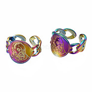 Textured Flat Round Cuff Rings, Rainbow Color 304 Stainless Steel Wide Open Rings for Women, US Size 9 3/4(19.5mm)(RJEW-N038-015)