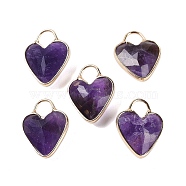 Natural Amethyst Faceted Pendans, Golden Plated Brass Heart Charms, 23x18x7~7.5mm, Hole: 6x6.5mm(KK-L218-005G-06)