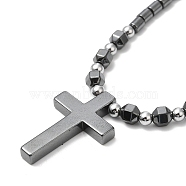 Synthetic Non-magnetic Hematite Cross Pendant Necklace with Beaded Chains, 19.29 inch(49cm)(NJEW-E095-03)