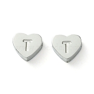 316 Surgical Stainless Steel Beads, Love Heart with Letter Bead, Stainless Steel Color, Letter T, 5.5x6.5x2.5mm, Hole: 1.4mm(STAS-R230-01T-P)