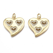 Brass Micro Pave Clear Cubic Zirconia Pendants, Nickel Free, Heart with Jump Rings, Real 16K Gold Plated, 22x21x2mm, Jump Ring: 5x0.8mm, Inner Diameter: 3.4mm(KK-Q769-027-NF)