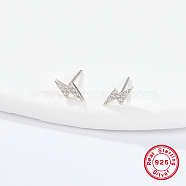 Sterling Silver Micro Pave Cubic Zirconia Stud Earrings, Lightning Bolt, Silver, 7x4mm(ES4538-2)