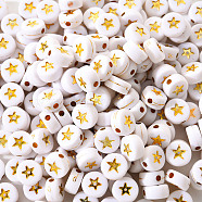 White Opaque Acrylic Beads, Flat Round with Star, Golden Plated, 7x4mm, Hole: 1.5mm, about 200pcs/bag(PACR-YW0001-04A)