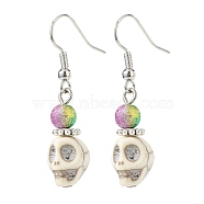 Synthetic Magnesite Skull with Acrylic Beaded Dangle Earrings, Brass Jewelry for Women, White, 40mm, Pin: 0.8mm(EJEW-JE05054-01)