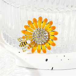 Sunflower & Bee Alloy Enamel Brooches, with Rhinestone and Acrylic Beads, Yellow, 40x36mm(PW-WG45BEB-01)