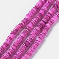 Natural Freshwater Shell Beads Strands, Dyed, Heishi Beads, Flat Round/Disc, Orchid, 8~8.5x1~3mm, Hole: 1mm, about 182~200pcs/strand, 15.39 inch(39.1cm)(BSHE-I016-04D)
