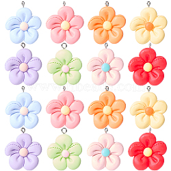 32Pcs 8 Colors Resin Pendants, with Platinum Iron Finding, Flower, Mixed Color, 35x30x6mm, Hole: 2mm, 4pcs/color(RESI-SP0001-15)