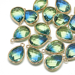 Glass Pendants, with Golden Tone Brass Findings, Faceted, Teardrop, Dodger Blue, 23x15x7mm, Hole: 1.5~2mm(X-GLAA-Q068-12A-02)