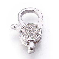 Brass Micro Pave Cubic Zirconia Lobster Claw Clasps, Clear, Platinum, 19x12x4.5mm, Hole: 1.5mm(KK-O106-28P)