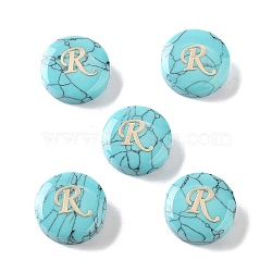 Synthetic Turquoise Beads, with Golden Tone Brass Slices, Flat Round with Letter, Letter R, 15x5.5mm, Hole: 1.4mm(G-A238-02R)